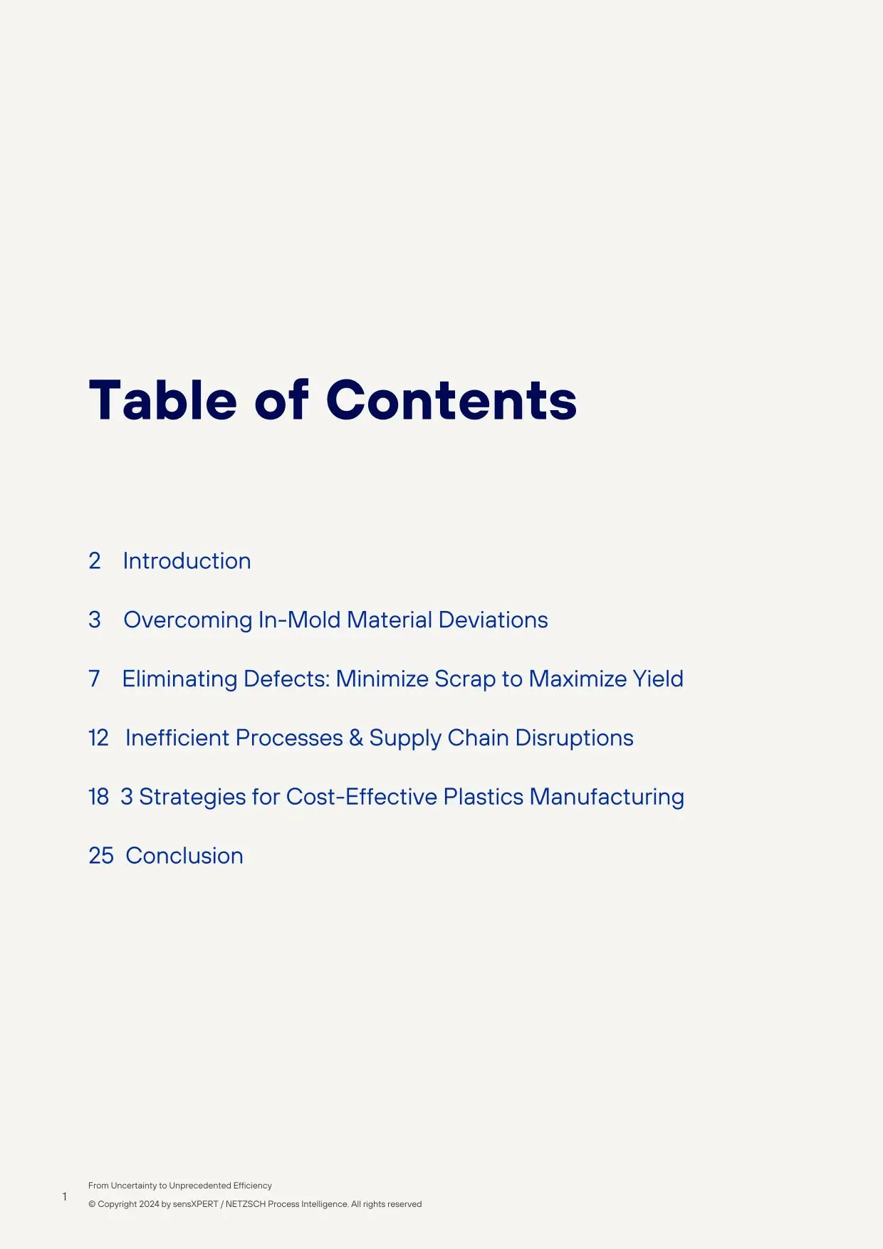 Table of Contents for the sensXPERT white paper, outlining sections on production challenges, innovative solutions, and achieving efficiency in plastics manufacturing.