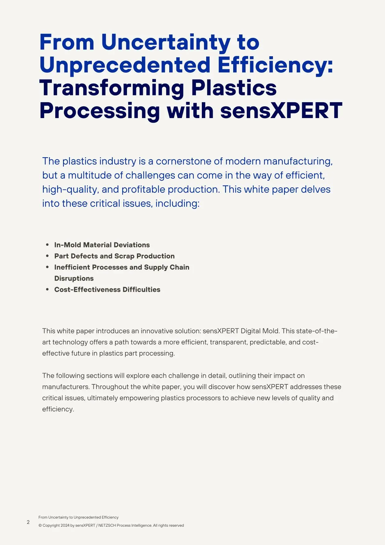 Introduction page of the sensXPERT white paper, highlighting challenges in plastics processing and the innovative solutions offered by sensXPERT Digital Mold.